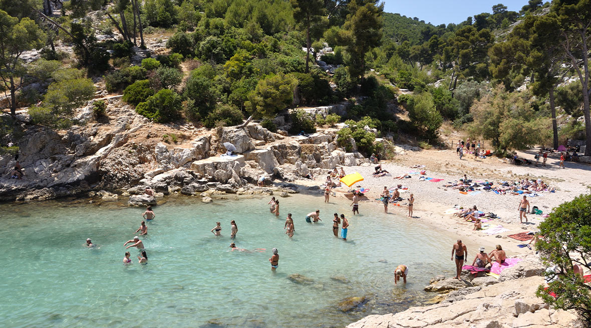 People swimming and relaxing on a beach in a tree lined cove